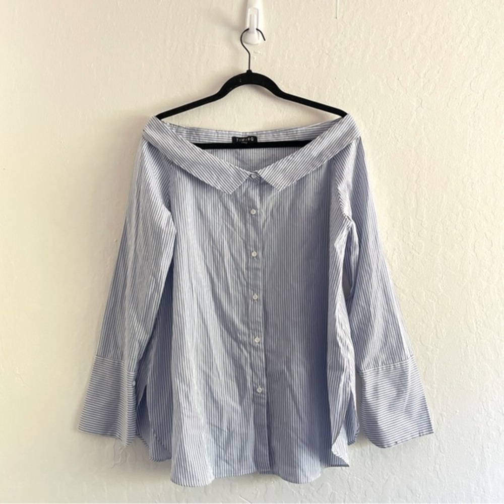 Timing Light Blue and White Striped Off-Shoulder Button-Down Shirt